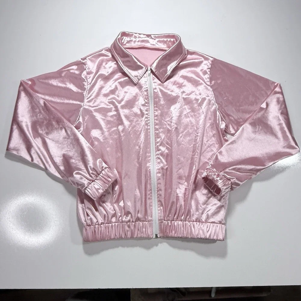 Weissman Girls Pink Satin Collared Zip-Up Bomber Jacket Sz Large 